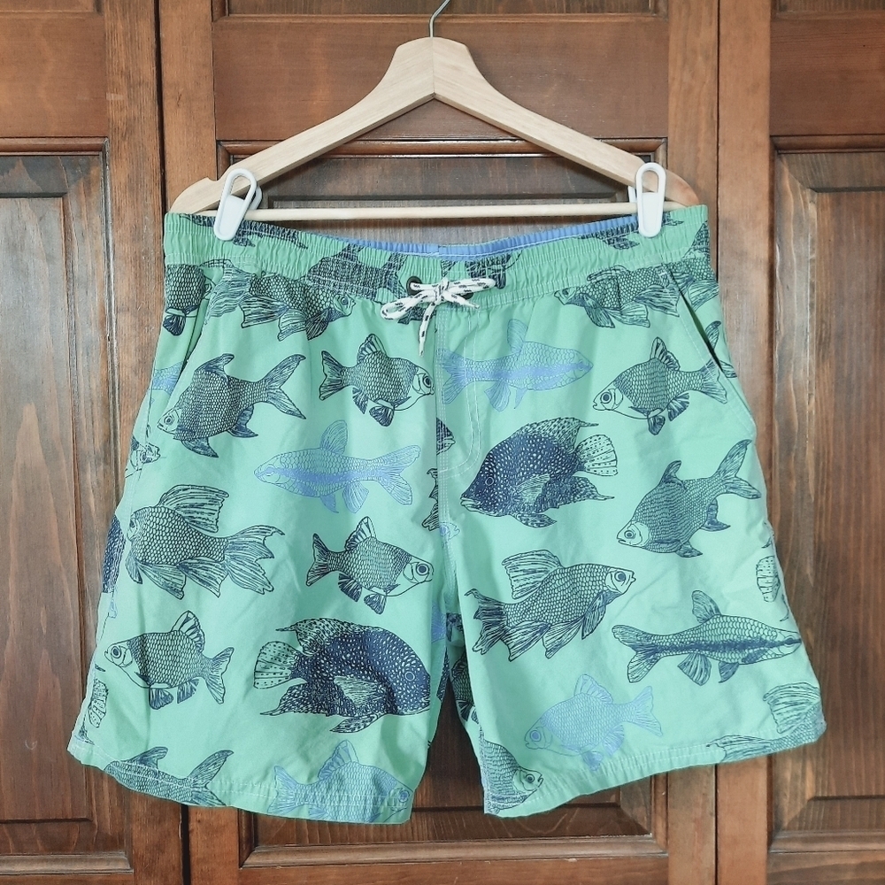 Boden Light Green Fish Print Mesh Liner Swim Trunks Size 36